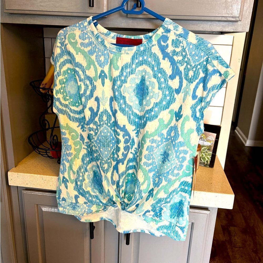 Blue and White Patterned Women's Top by Love Scarlett, NWT